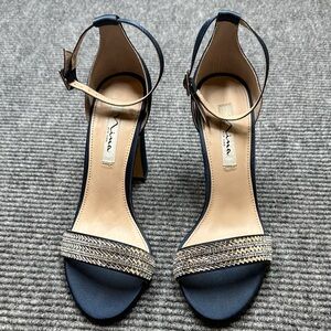 Nina Crystal Embellished Sandal Navy Blue Women’s 9 Block Heel Wedding Cocktail